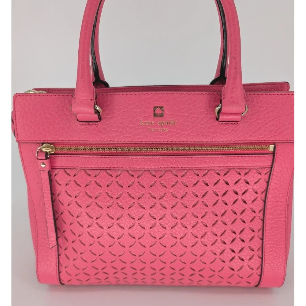 Kate Spade Perri Lane Romy Satchel‎ Medium Pink Leather Laser Cut Preppy Luxury